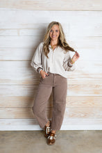 Load image into Gallery viewer, Tan &amp; Chocolate Stripe Collared Long Sleeve Top
