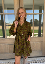 Load image into Gallery viewer, Zebra Olive &amp; Brown Bow Tie Dress
