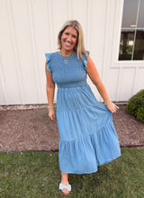 Load image into Gallery viewer, Medium Wash Gathered Denim Midi Dress
