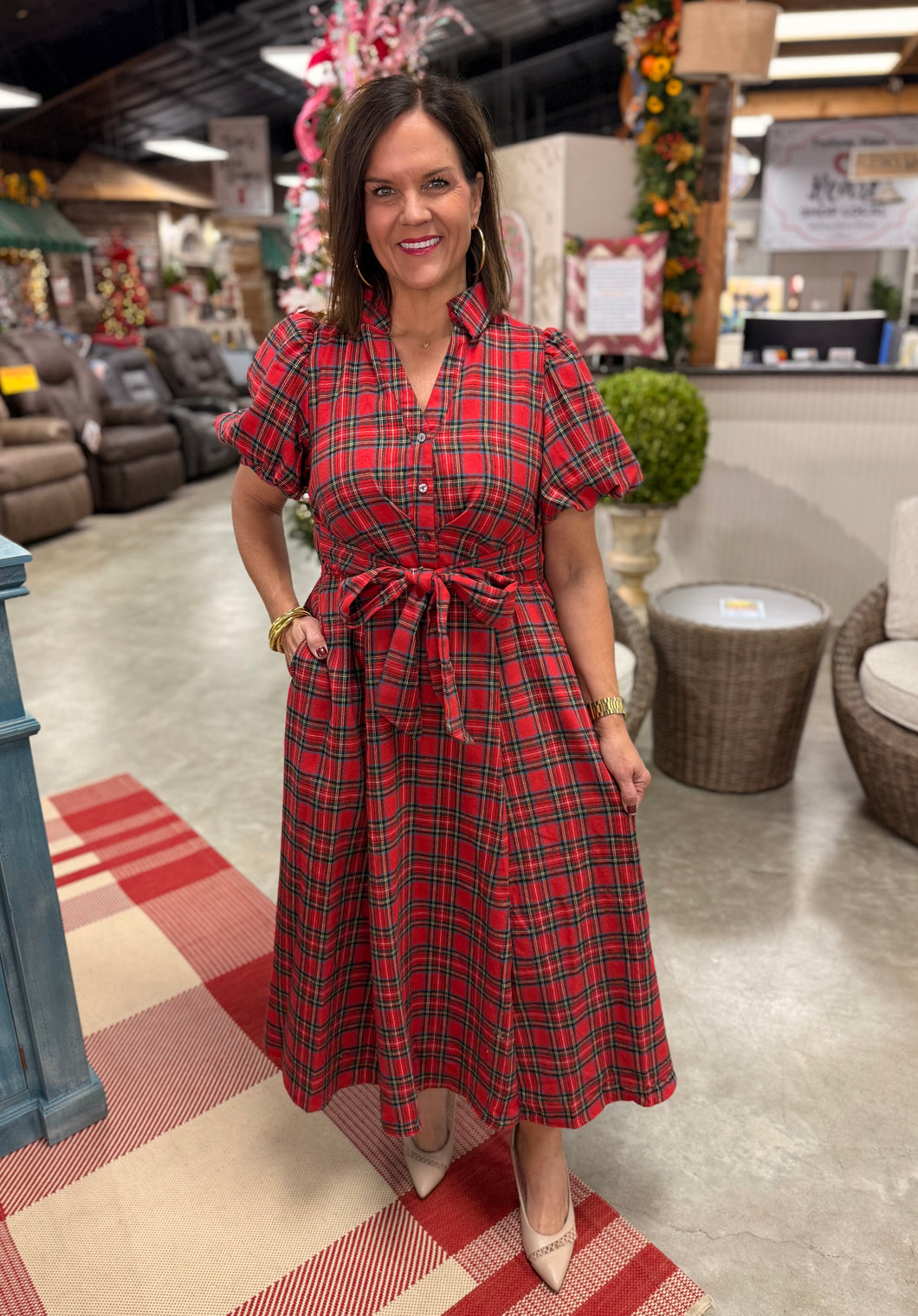 Traditional Plaid Bow Puff Sleeve Long Dress