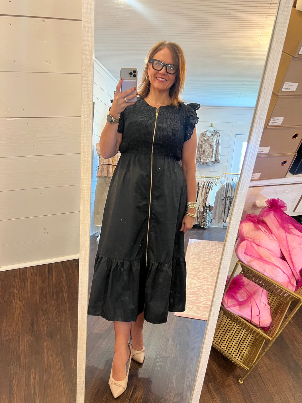 Black Mesh Gold Zipper Dress