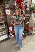 Load image into Gallery viewer, Tan Plaid Puff Sleeve Solid Top
