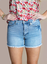 Load image into Gallery viewer, Light Wash Tummy Control Fray Hem Judy Blue Shorts

