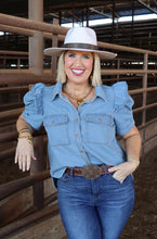 Load image into Gallery viewer, Light Denim Gathered Sleeve Top

