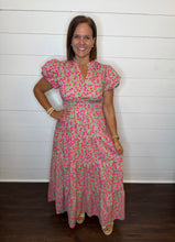 Load image into Gallery viewer, Pink &amp; Green Floral Pattern Long Dress
