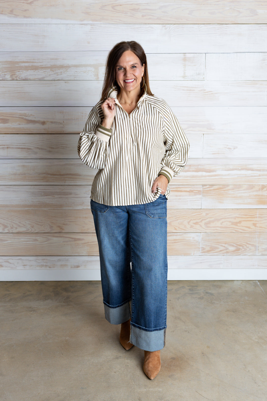 Olive Stripe Collared Long Sleeve Top