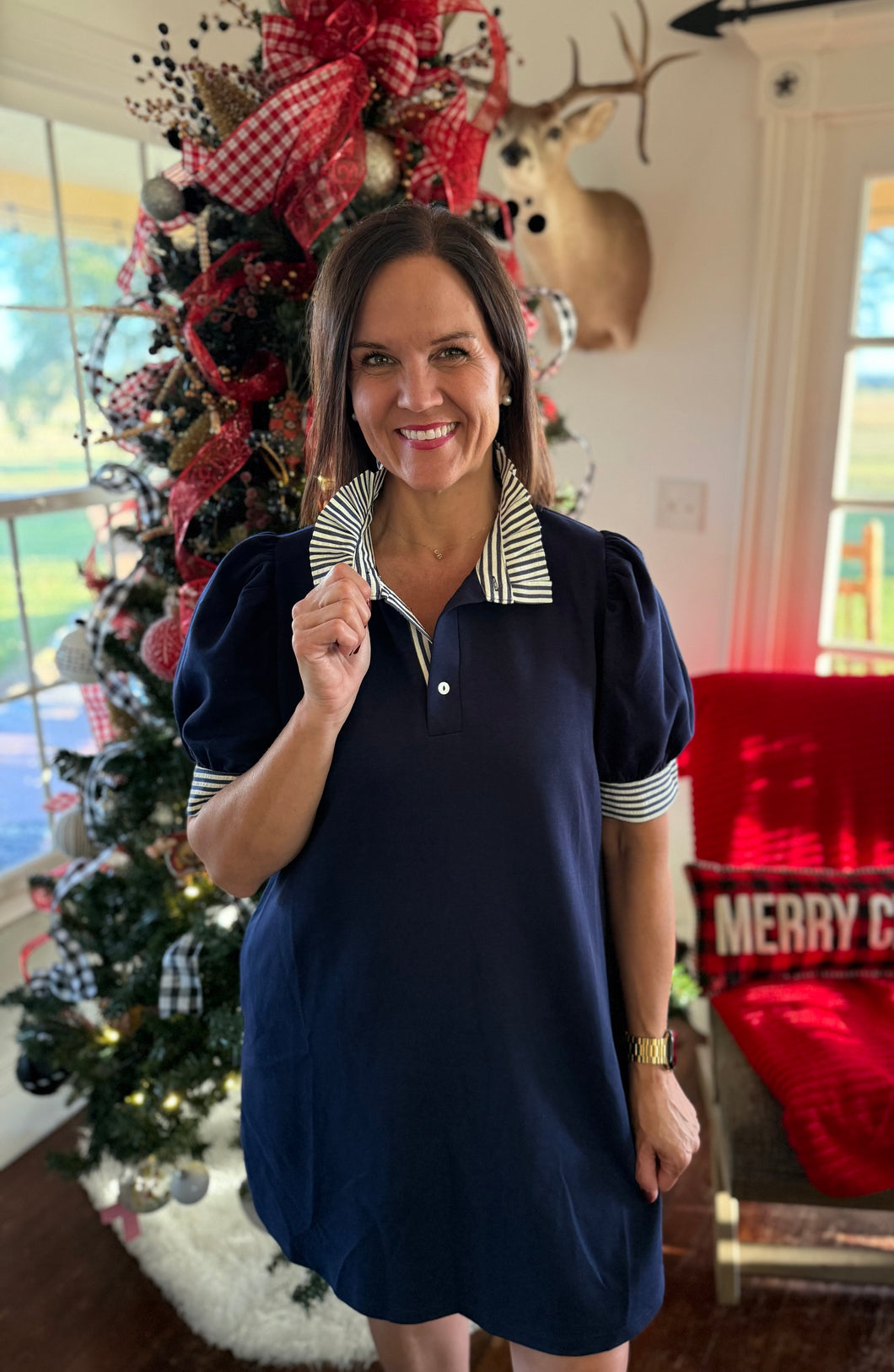 Navy Collared Stripe Dress