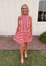 Load image into Gallery viewer, Red Stripe Halter Mini Dress
