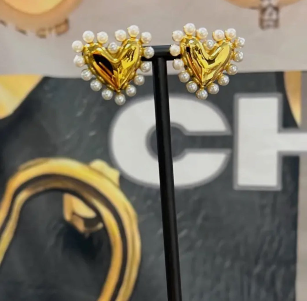 Gold Heart Pearl Studs