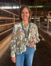 Load image into Gallery viewer, Blue &amp; Tan Western Bubble Sleeve Top
