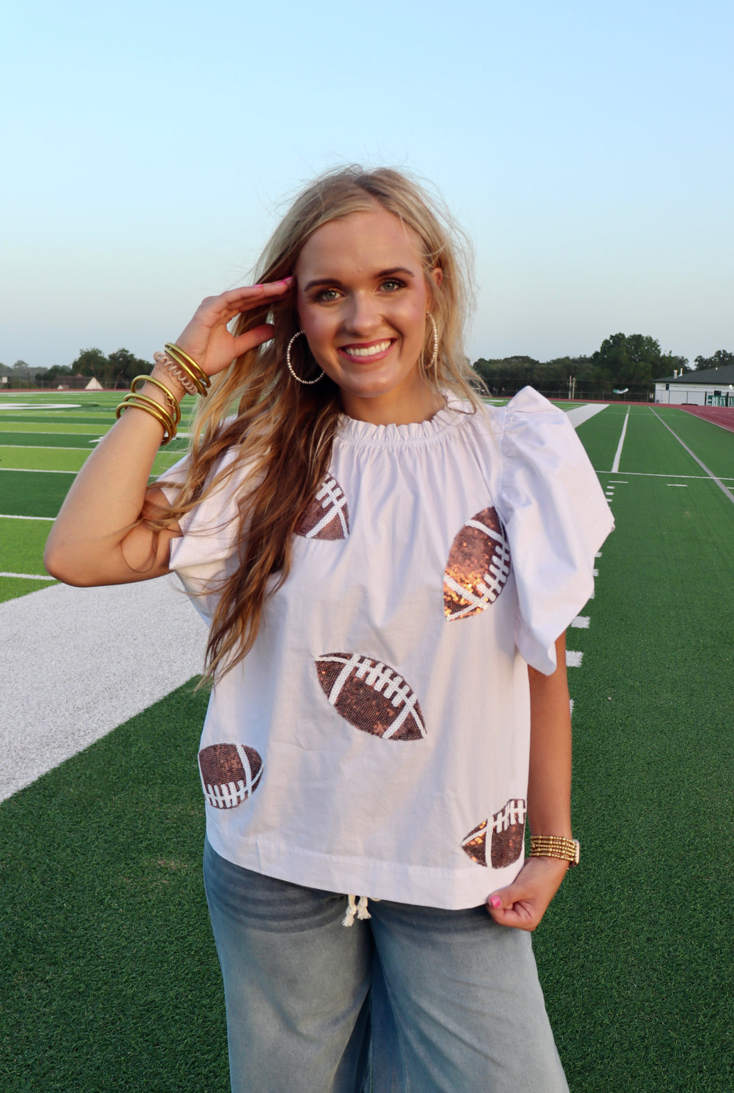 White Ruffle Football Sequin Top