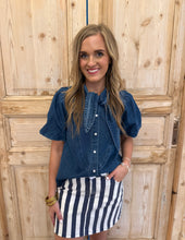 Load image into Gallery viewer, Nancy Dark Denim Knot Pearl Snap Top
