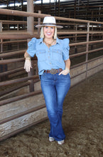 Load image into Gallery viewer, Light Denim Gathered Sleeve Top

