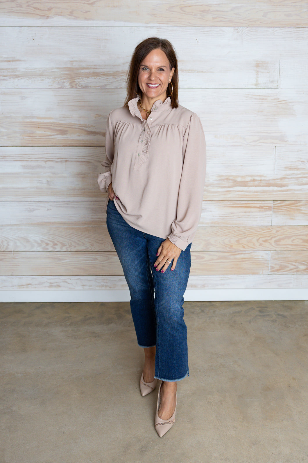 Light Taupe Long Sleeve Ruffle Top