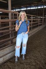 Load image into Gallery viewer, Dark Wash Denim Ruffle Sleeve Button Top
