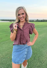 Load image into Gallery viewer, Wine Ruffle Denim Top

