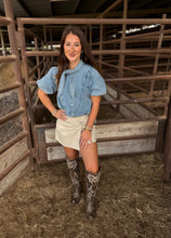 Load image into Gallery viewer, Nancy Light Denim Knot Pearl Snap Top
