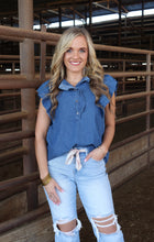 Load image into Gallery viewer, Dark Wash Denim Ruffle Sleeve Button Top
