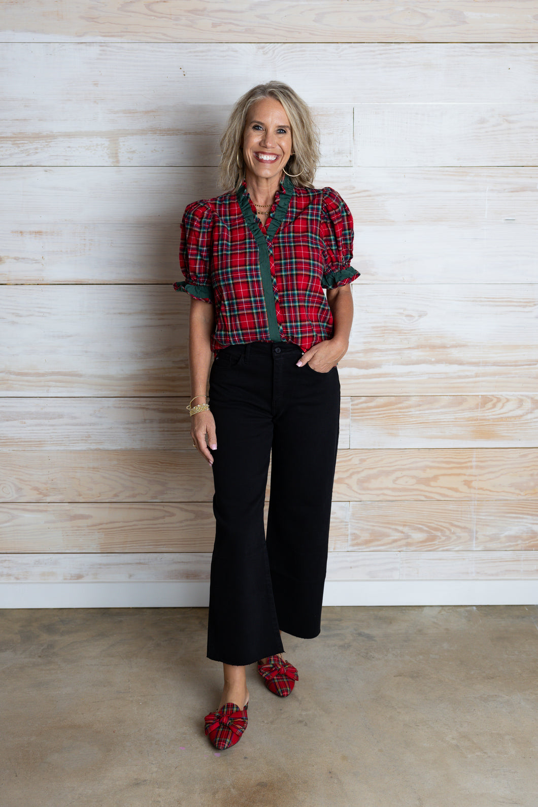 Red Plaid Fancy Collared Top