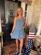 Load image into Gallery viewer, Denim Bow Diamond Stitch Tie Dress
