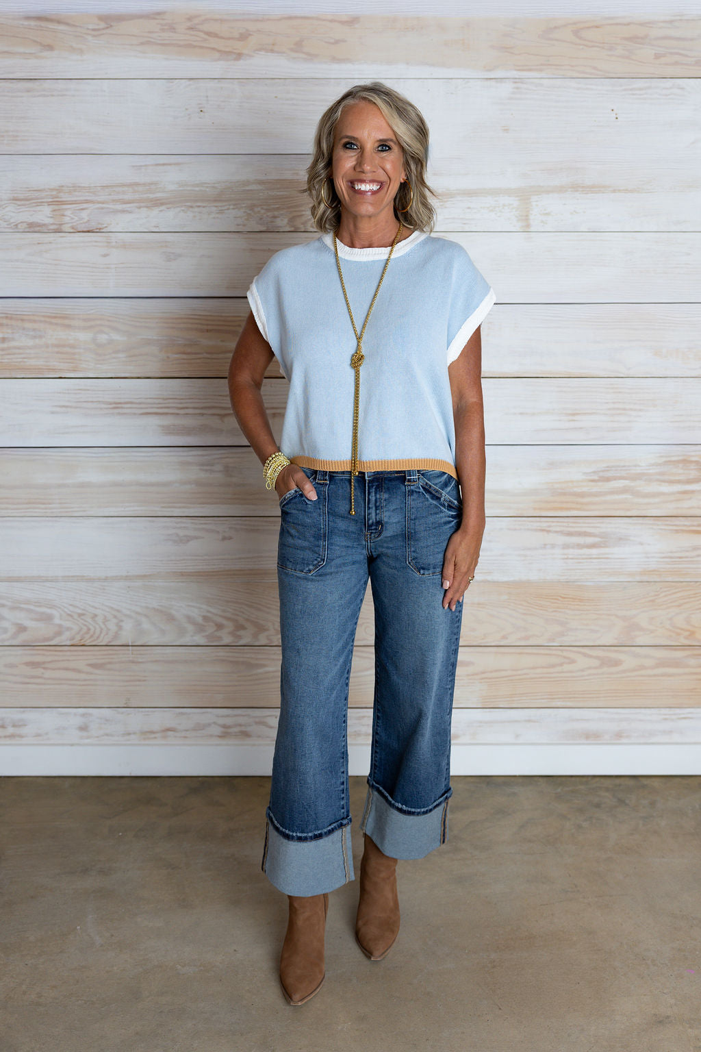 Baby Blue Tan Lined Sweated Top