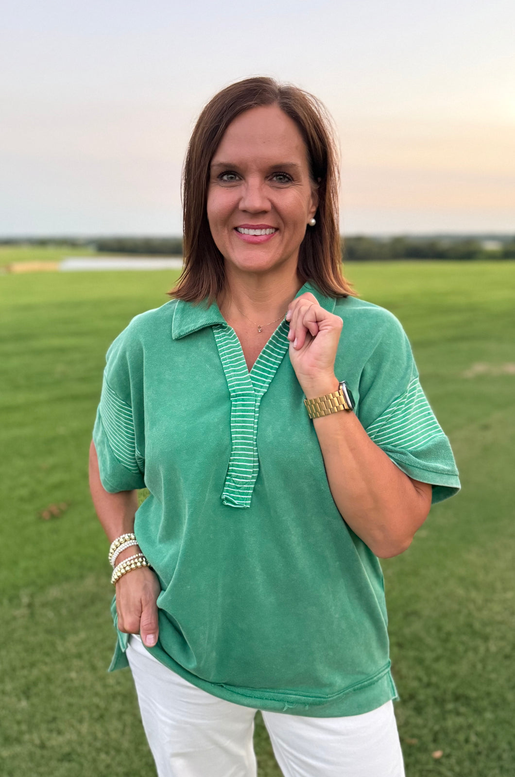 Green Stripe V Top