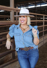 Load image into Gallery viewer, Light Denim Gathered Sleeve Top
