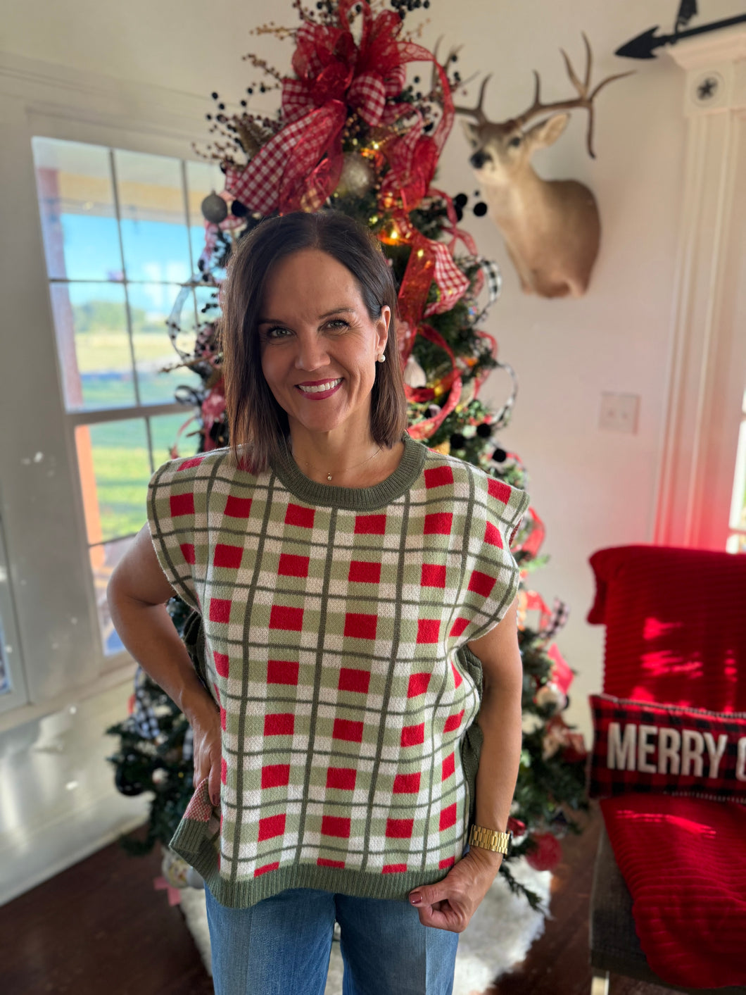 Christmas Plaid Bow Side Sweater Top