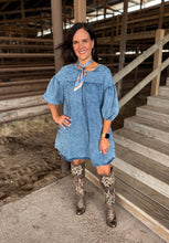 Load image into Gallery viewer, Dark Denim Bubble Sleeve Dress
