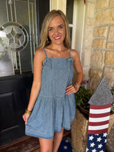 Load image into Gallery viewer, Denim Bow Diamond Stitch Tie Dress
