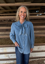 Load image into Gallery viewer, Highway Blues Bow Denim Long Sleeve Top
