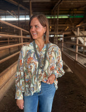 Load image into Gallery viewer, Blue &amp; Tan Western Bubble Sleeve Top
