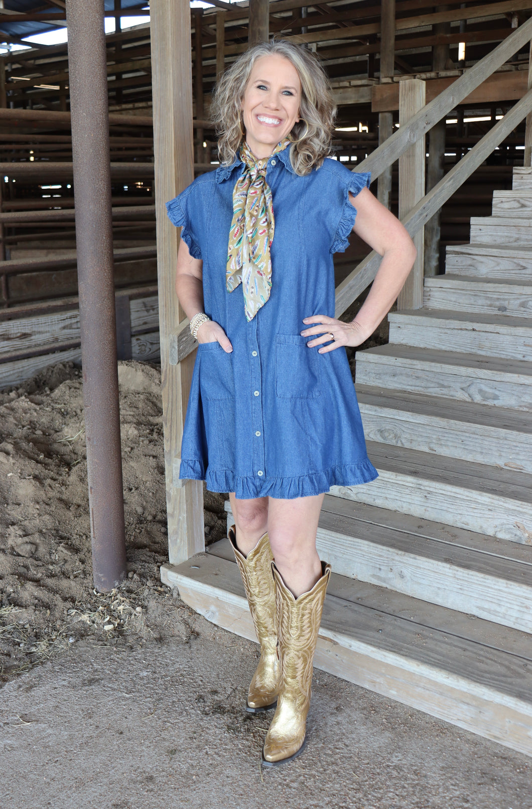 Dark Denim Ruffle Sleeve Dress