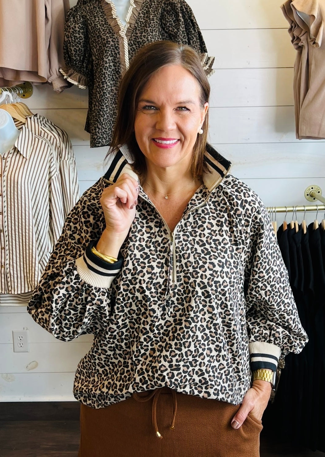 Leopard Collared Long Sleeve Zipper Top