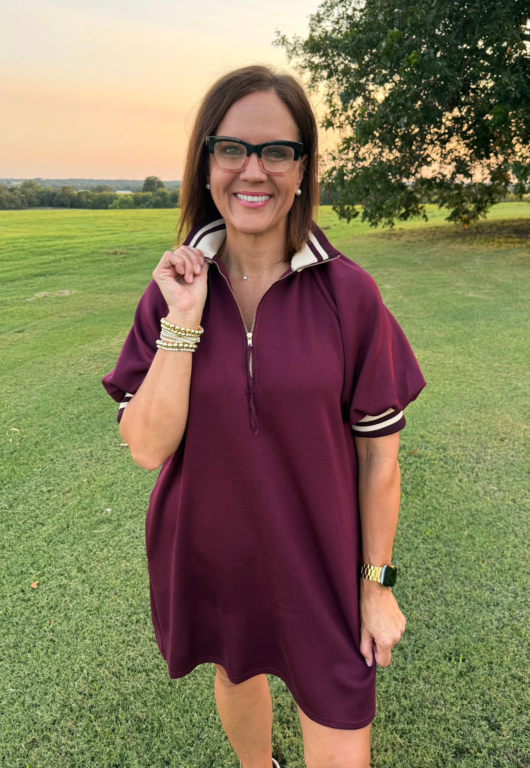 Wine Fancy Gold Zip Dress