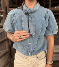 Load image into Gallery viewer, Nancy Light Denim Knot Pearl Snap Top
