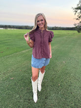 Load image into Gallery viewer, Wine Ruffle Denim Top
