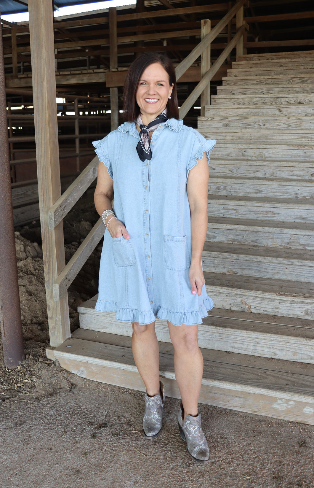 Light Denim Ruffle Sleeve Dress