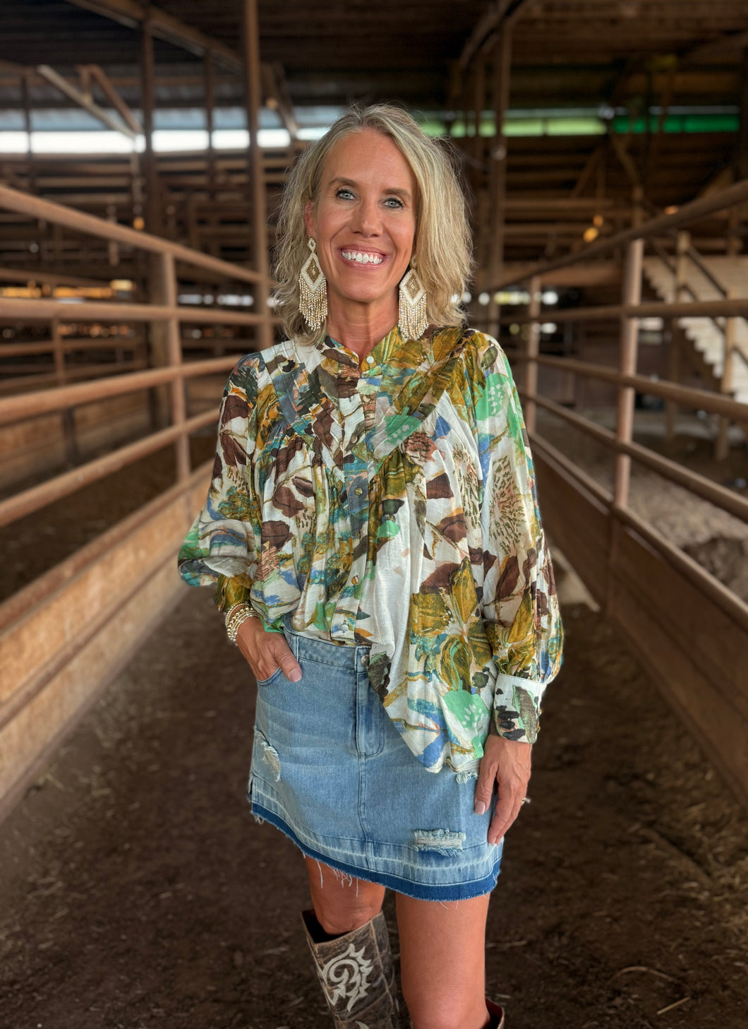 Brown & Green Feather Bubbled Top