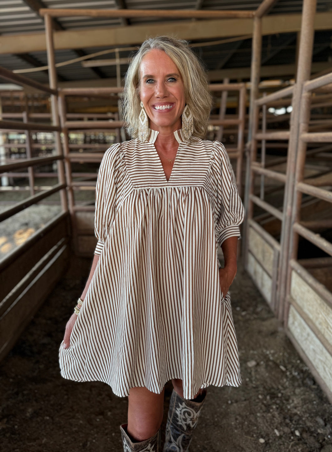 Brown & White Striped V Dress