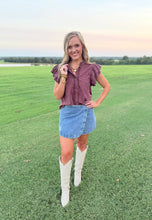 Load image into Gallery viewer, Wine Ruffle Denim Top
