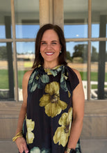 Load image into Gallery viewer, Fancy Black &amp; Olive Floral Gathered Bow Dress
