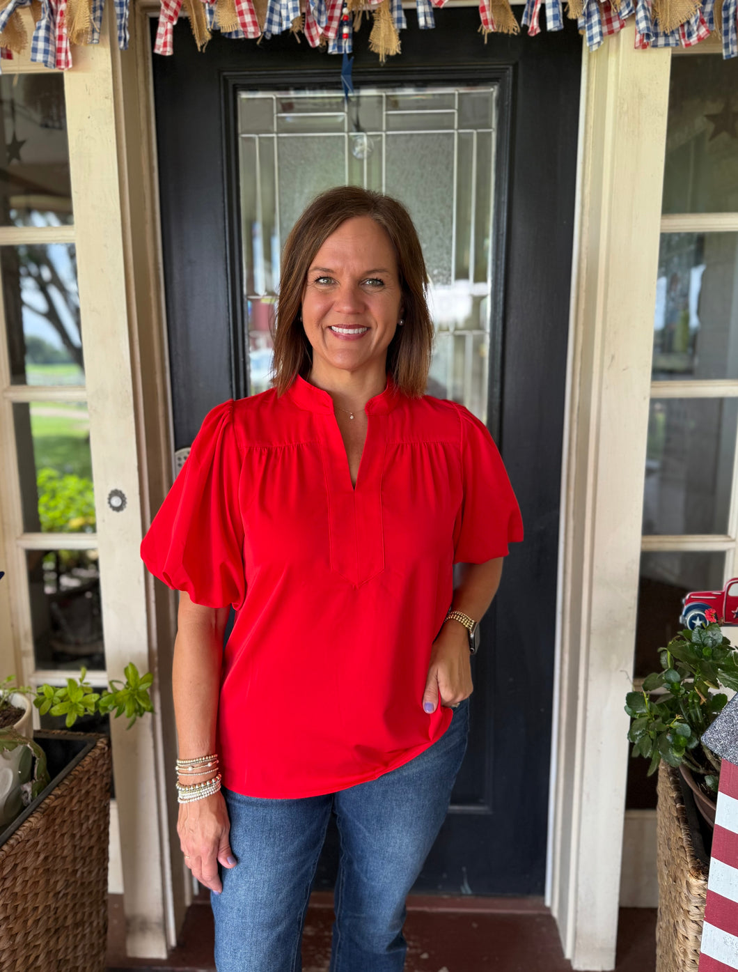Red V Puff Sleeve Top