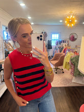 Load image into Gallery viewer, Navy &amp; Red Stripe Gold Detail Top
