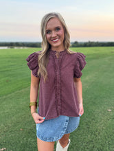 Load image into Gallery viewer, Wine Ruffle Denim Top
