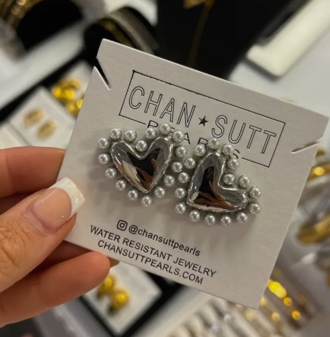 Silver Pearl Heart Studs