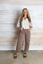 Load image into Gallery viewer, Tan &amp; Chocolate Stripe Collared Long Sleeve Top
