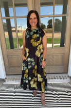 Load image into Gallery viewer, Fancy Black &amp; Olive Floral Gathered Bow Dress
