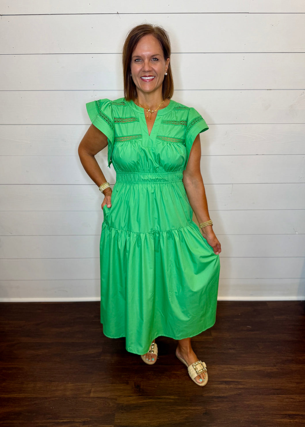 Kelly Green Detailed Long Dress