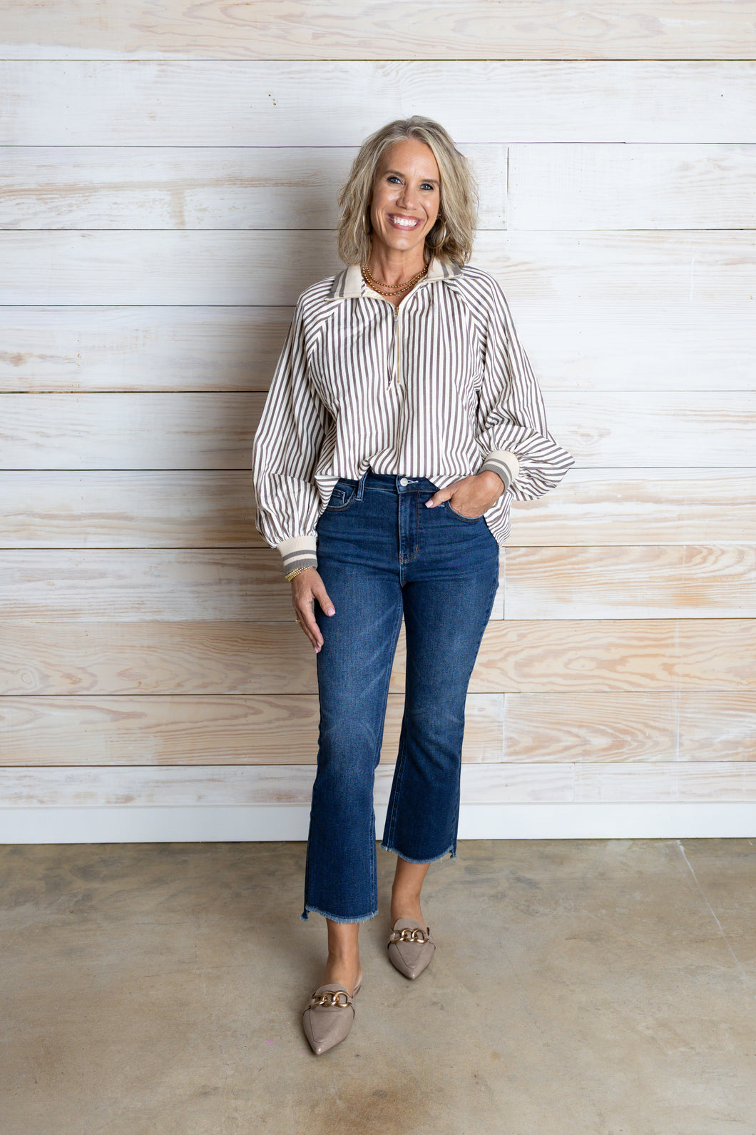 Gray Stripe Collared Long Sleeve Top